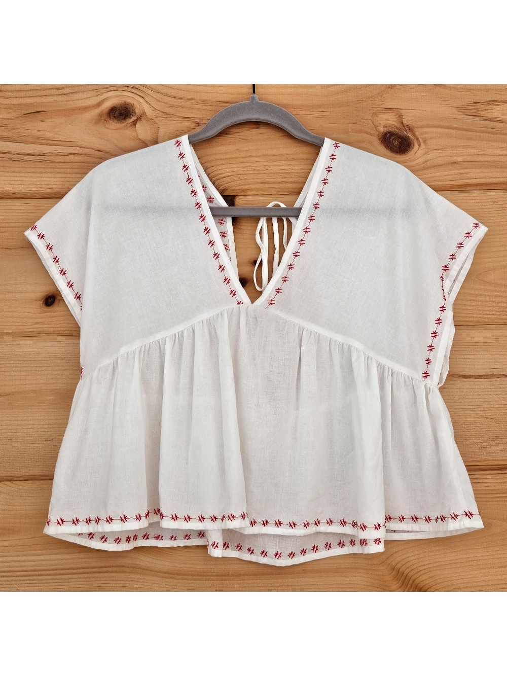 Big Love White Embroidered Peasant Top Boho Gauze Blouse Back Tie Size M